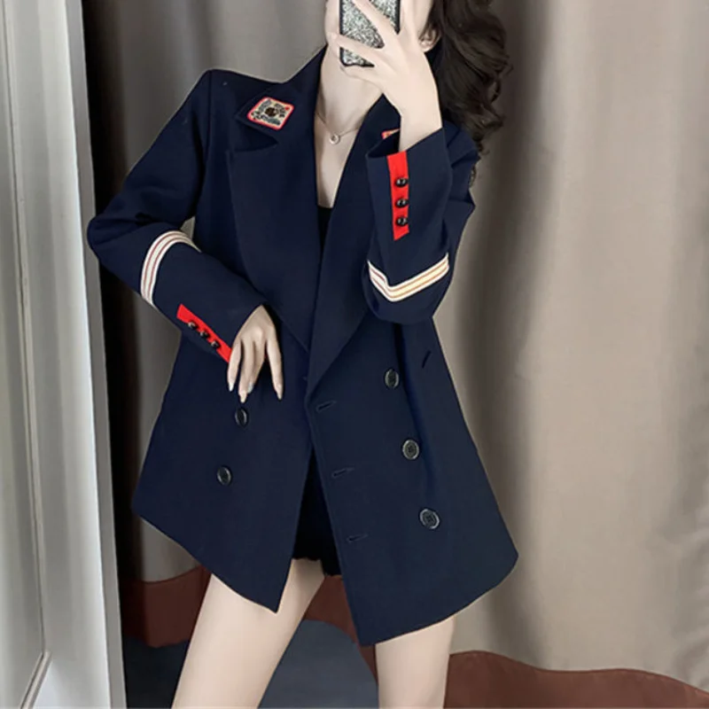 Women's Autumn Korean New Small Suit Commuting Fashion Hepburn Style Button Embroidery Splicing Casual Mid Length Versatile Tops