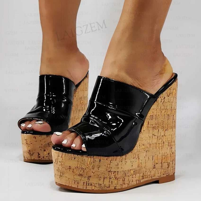 BERZIMER SUPER Women Platform Wedges Peep Toe Mules Pumps Height Increase Ladies Summer Shoes Woman Large Size 38 44 45 50 52
