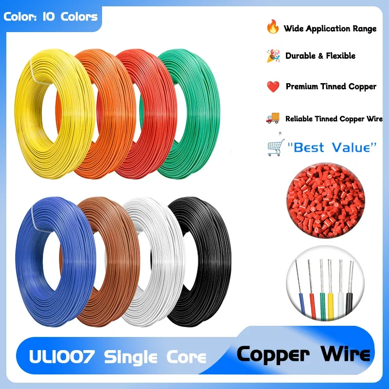 

Insulation Solid Tinned Plating Line Electric Cable Line Single Core Copper Wire UL1007 26 24 22 20 18 16 14 AWG PVC 5/10/20M