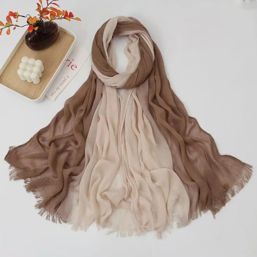 Gradient Two Tone Rayon Hijab Scarf Fringe Soft Light Muslim Women Headscarf Wrap Breathable Boho Daily Islamic Turban Shawl view 5