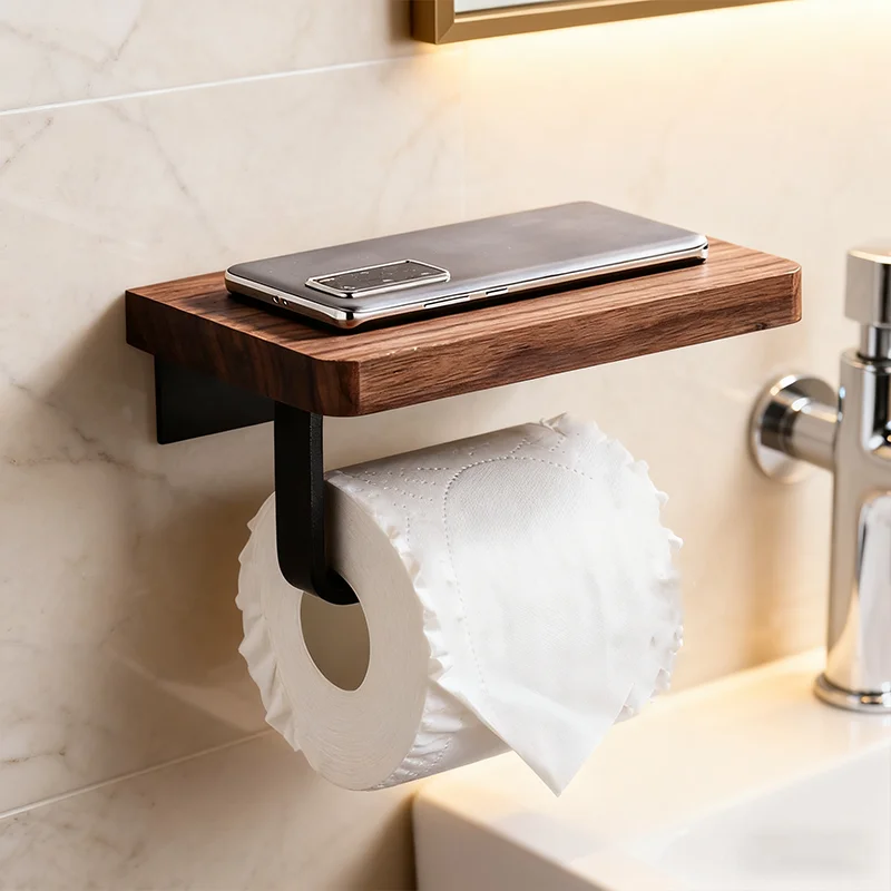 حامل ورق المرحاض الخشبي الحمام جدار جبل WC ورقة حامل هاتف الرف تخزين منشفة لفة الرف الملحقات #3