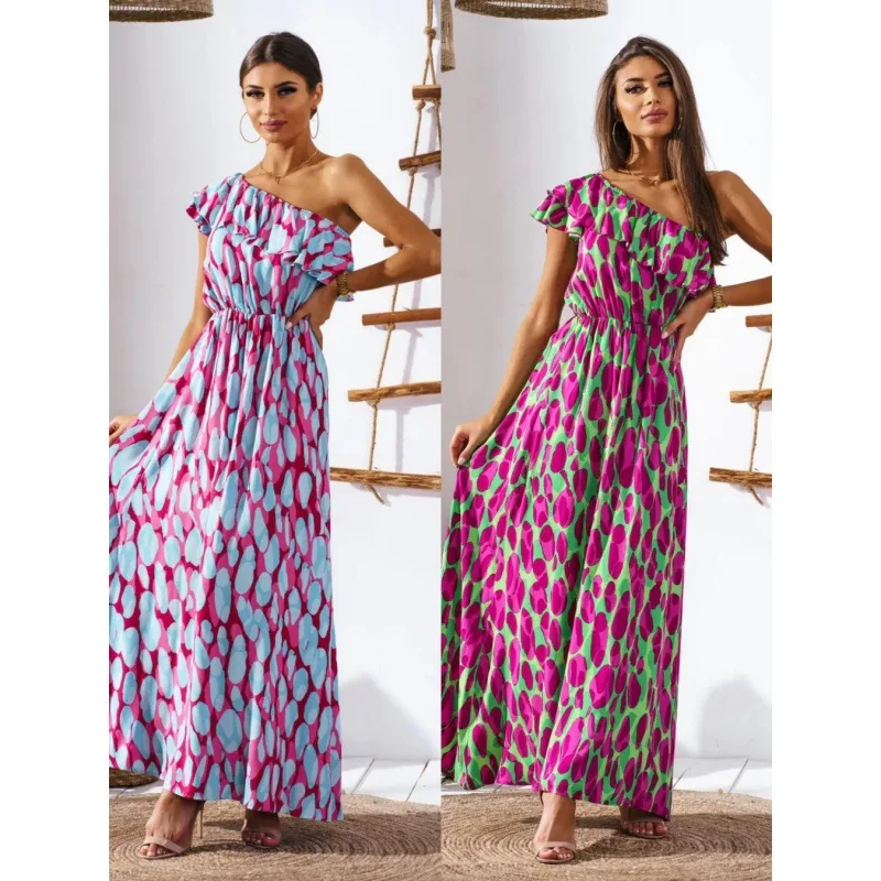 Dress Women Summer 2022 New Fold Waist Off Shoulder Floral Printing Ruffled Dresses Casual Vestidos Dropshipping JQMY1985