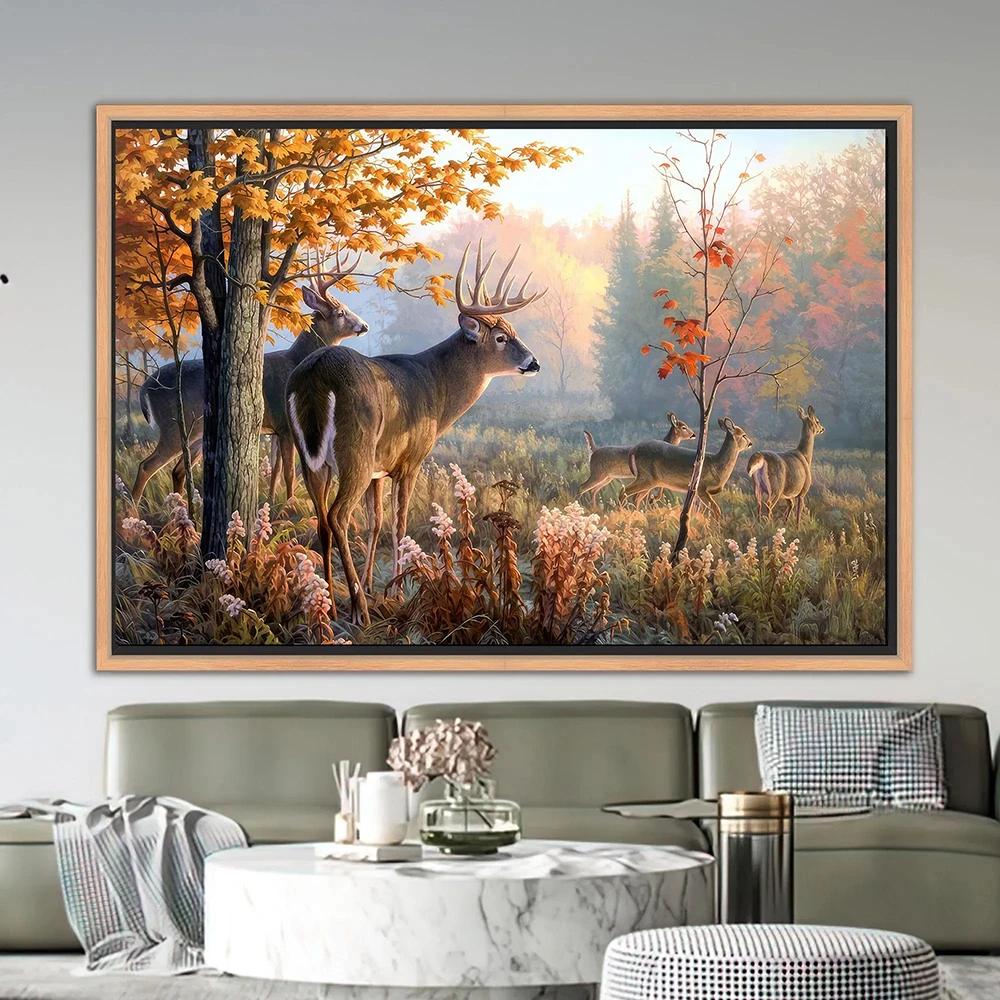 (بدون مؤطرة) الغزلان قماش جدار الفن ريفي قماش اللوحة طباعة الغزلان في الخريف الغابات المشهد صور المشارك الفني الحديث Ho