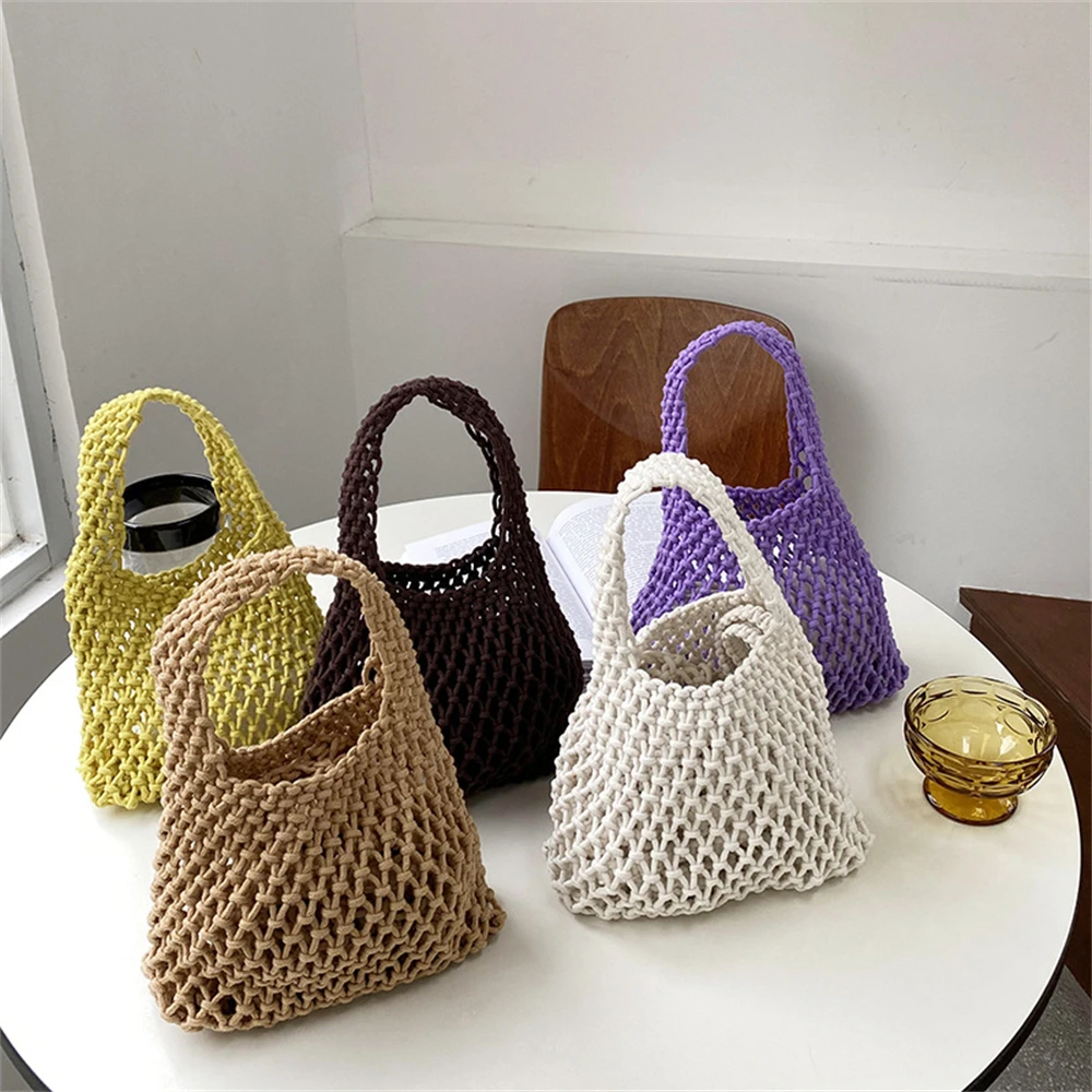 Straw Plaited Knitted Handbag Women Hollow Out Shopping Tote Bag Fashion Crochet PU Bottom Wrist Bag Female Purses Bucket Bags