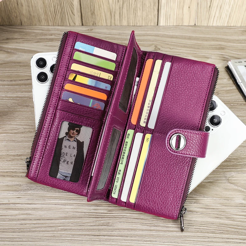 CONTACT\'S Genuine Leather Long Wallets for Women Full Grain Leather AirTag Purse Card Holder Money Clip Coin Purse Clutch Wallet
