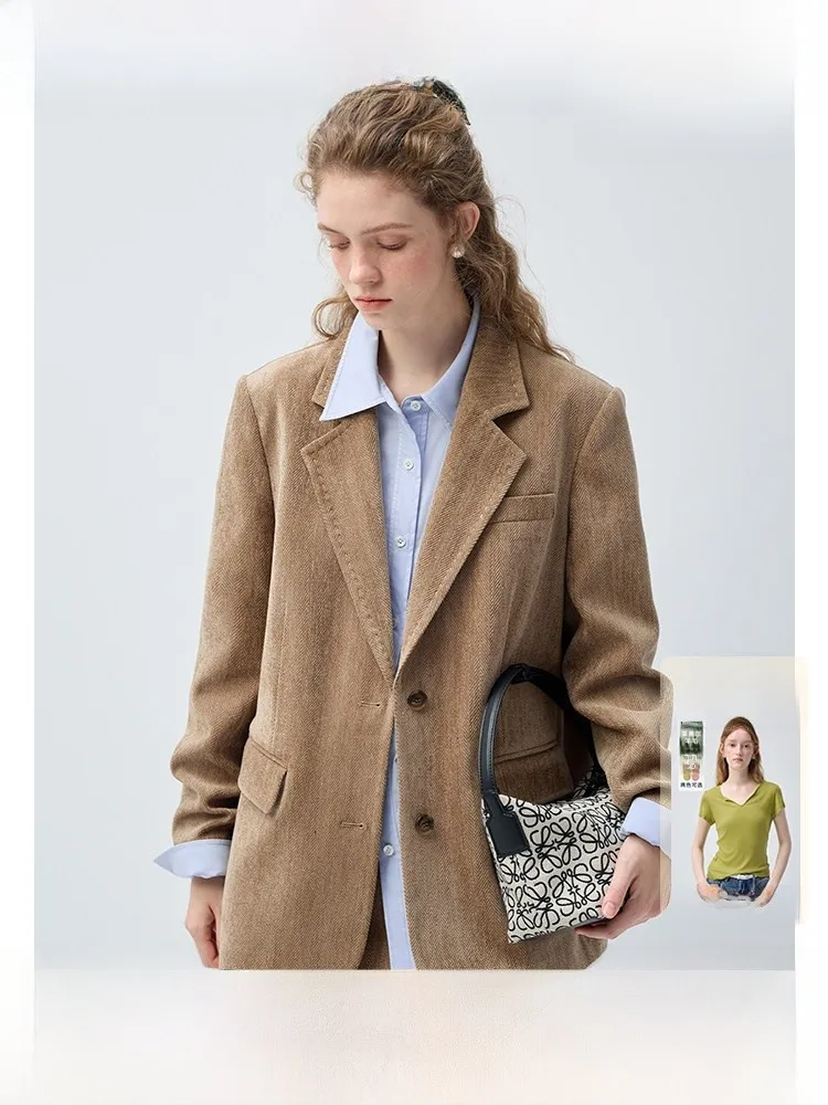 

Warm Courtyard Mocha VEGA CHANG Herringbone Pattern Shaner Shape Women's Suit Set Commute Early Spring Outfit Casual Fashion