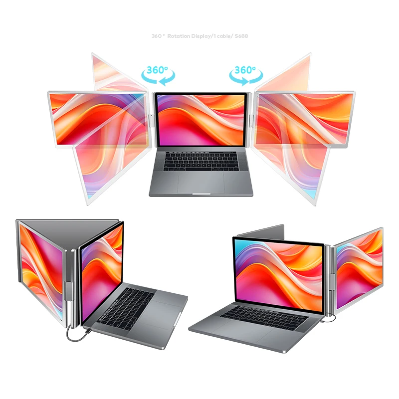 1 Cable for 2 Monitor,Front and Rear 360° Rotation Triangle Triple Screen Display Portable Monitor 14''  Wins/Mac(M1 M2 M3)