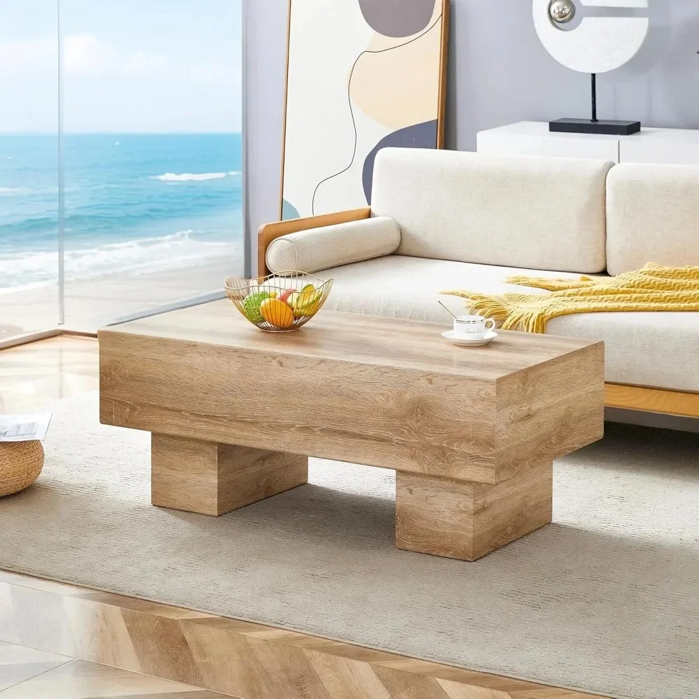 43 Mid Century Modern, Rectangle Natural Wood Grain Texture Top with Thicken Block Legs, Wooden，Coffee Table