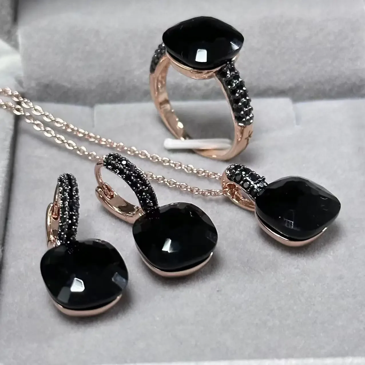 3Pcs/Set 12.6mm Ring Earrings Necklace Set Inlay Black Zircon with Gun Black Plated Square Candy Crystal Jewelry Set