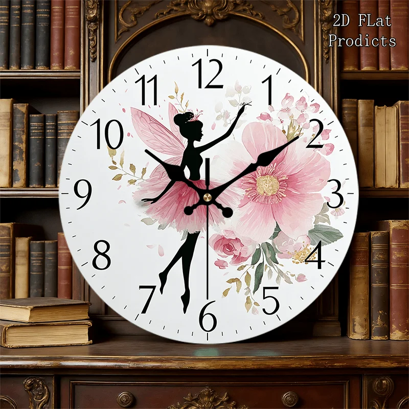 2D Flat. 1pc, Elegant Flower Fairy PVC Wall Clock, a Must-Have Silent Round Clock for Living Room Decor, Perfect Decoration
