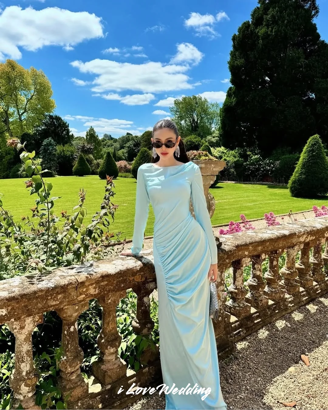 Небесно-голубые вечерние платья с круглым вырезом 2025, атласные плиссированные платья русалки с длинными рукавами, простые платья длиной до пола, свадебные платья для гостей по индивидуальному заказу