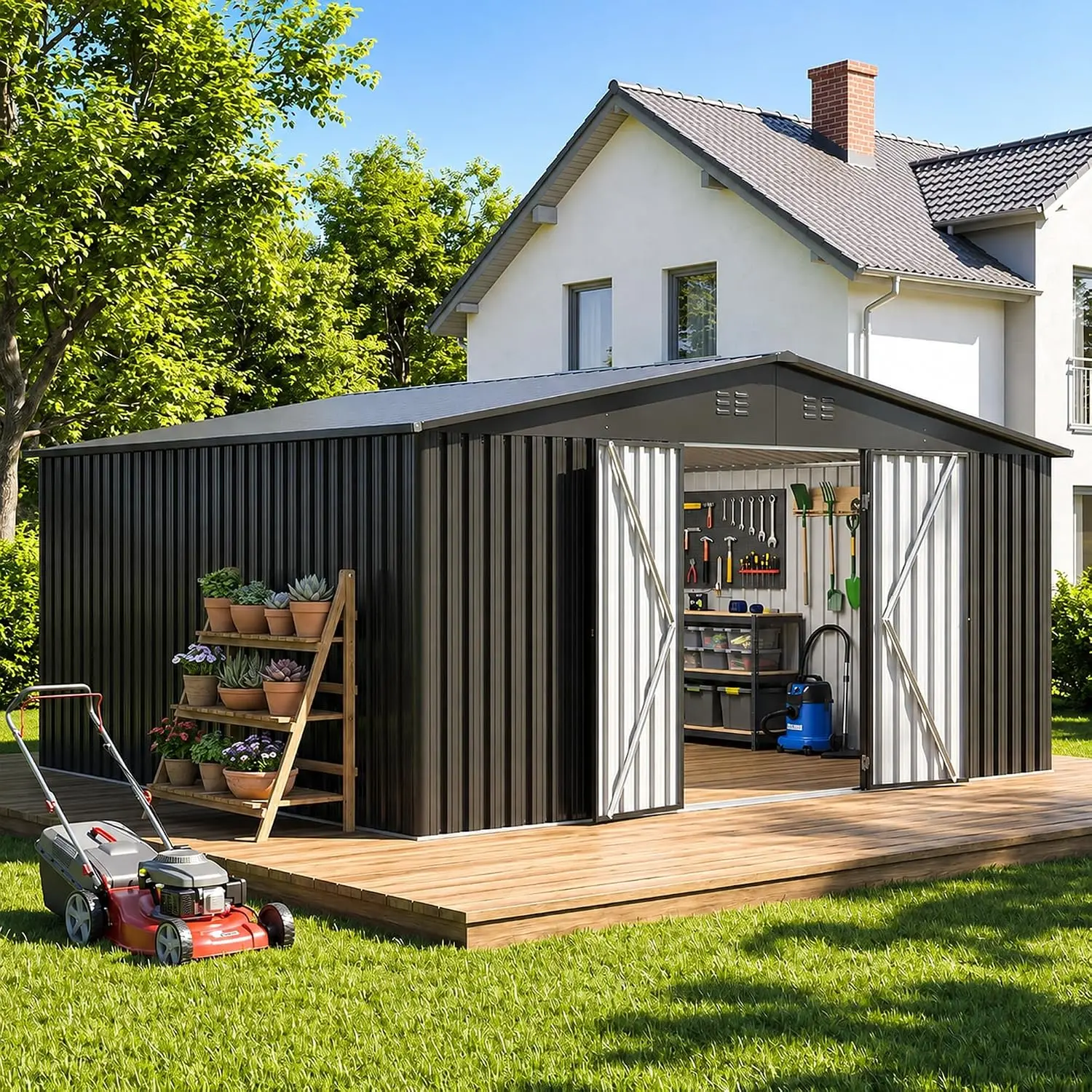 14x12 FT Metal Outdoor Storage Shed with Lockable Doors, Black