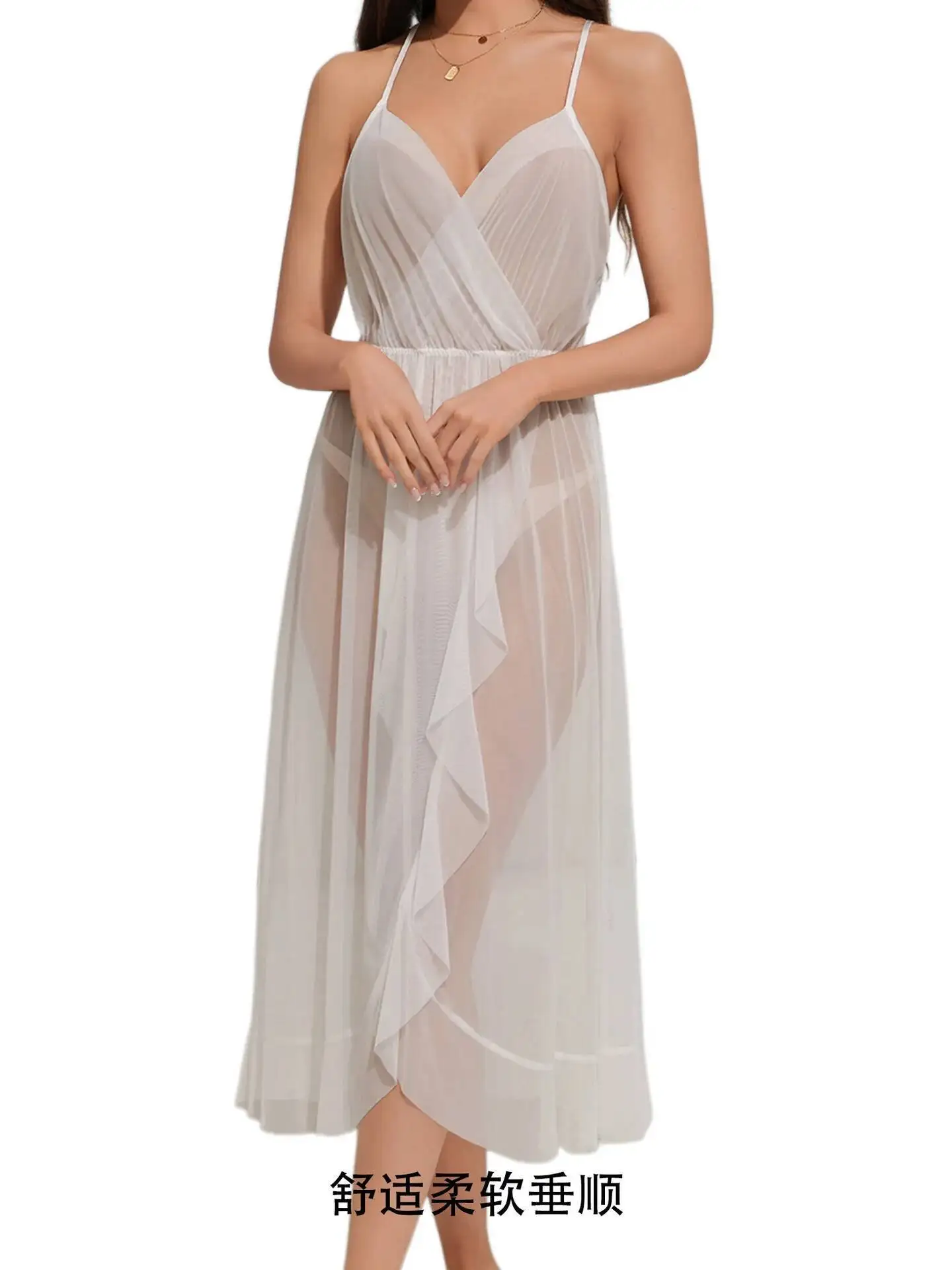 Malha sexy camisola para mulheres verão rendas com decote em v alça longa camisola homewear vestido transparente para mulher casaul elegante gj1r