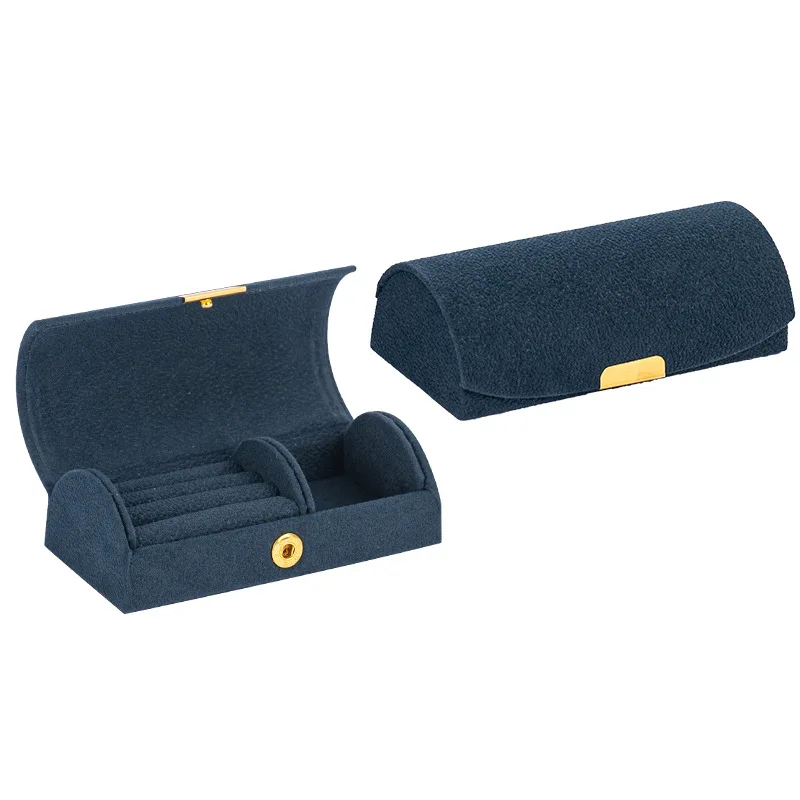 صندوق تخزين المجوهرات المحمول المقوس لرحلة عمل محمولة والسفر صندوق مجوهرات خاتم مضاد للأكسدة صندوق إكسسوار من القماش المخملي