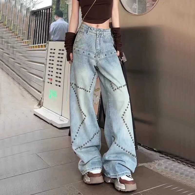 Y2K Rivet Jeans Women High Street Washed Baggy Straight Trousers American Vintage Chic High Waist Ladies Wide Leg Denim Pants