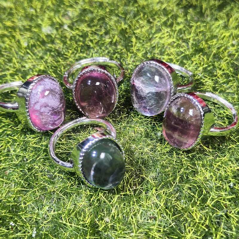 Wholesale Gemstone Fluorite Rings Natural Rainbow Purple Fluorite Rings For Gift