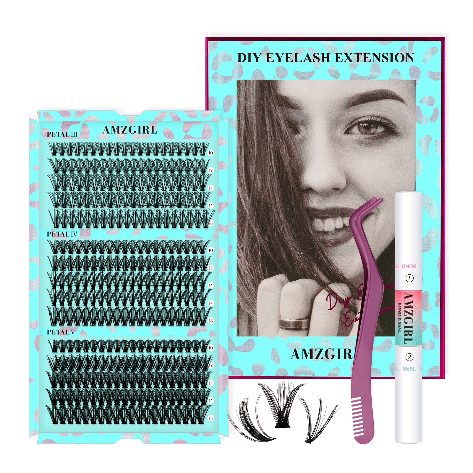 Amzgirl-Kit d'extensions de cils, 300 pièces, 30D + 40D + 50D, boucles D, 10-18mm, colle et pince à épiler étanche