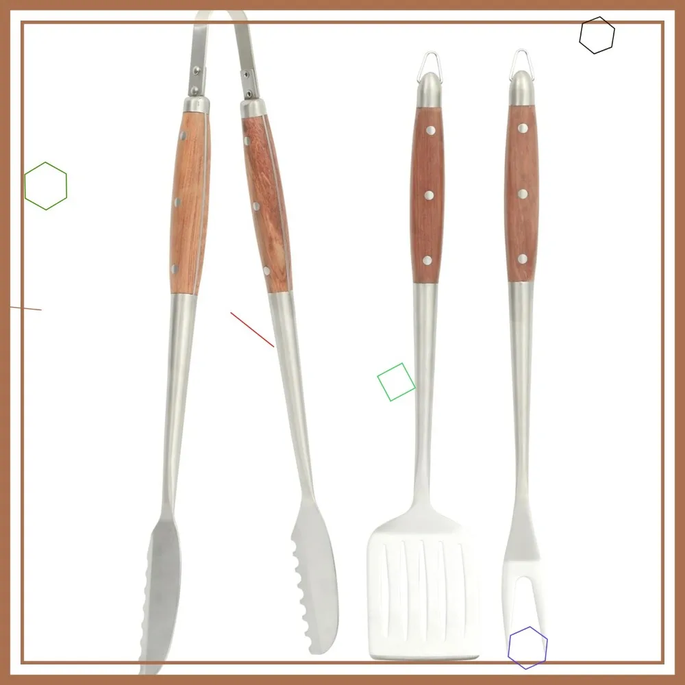 

Heavy Duty Stainless Steel Grilling Tool Set with Wooden Handles - Tongs, Turner, Fork for BBQ
