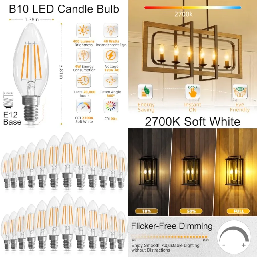 

Candelabra Light Bulbs 40 watt Equivalent, E12 LED Bulb Dimmable Chandelier Bulbs, B10 Candle Light Bulbs 2700K, 90+CRI, 400LM,