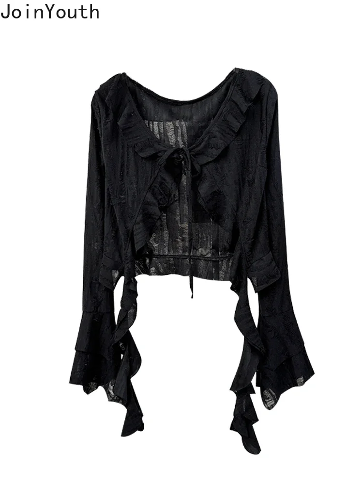 Camicette Crop top irregolari camicette da donna con maniche svasate con foro 2024 Blusas Mujer De Moda Ruffles See Through Summer camicetta