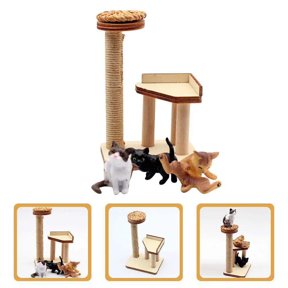 

1Set Mini House Cat Tree Decorative Wood Resin Realistic Lifelike Smooth Cat Climbing Tower Miniature Furniture Ornament Mini