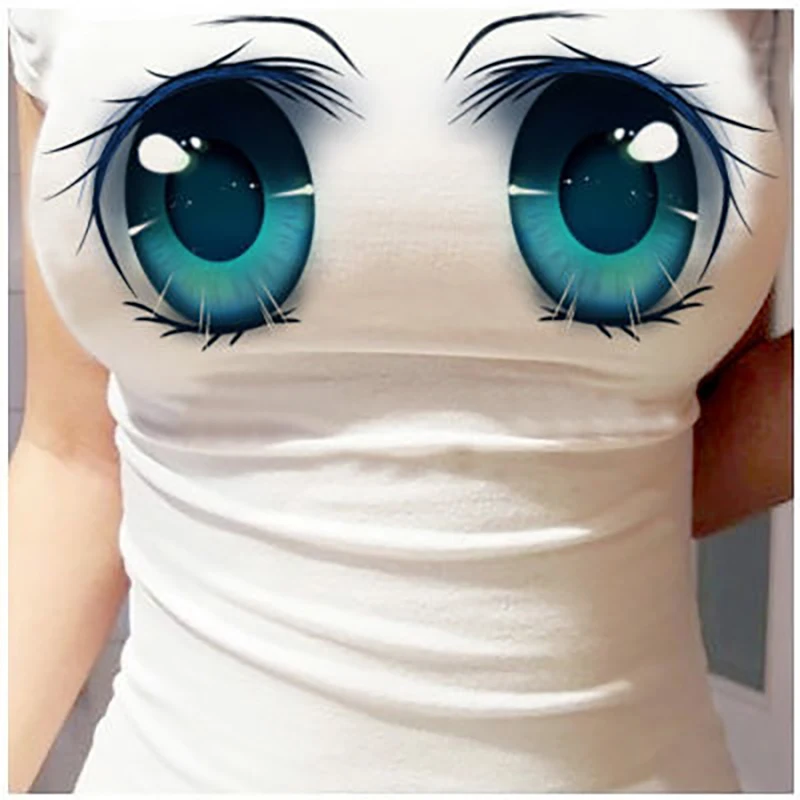 T-Shirt à manches courtes et col rond pour femme, haut imprimé 3D, dessin animé, grands yeux, sexy, mignon, drôle, vêtements, été, 2023