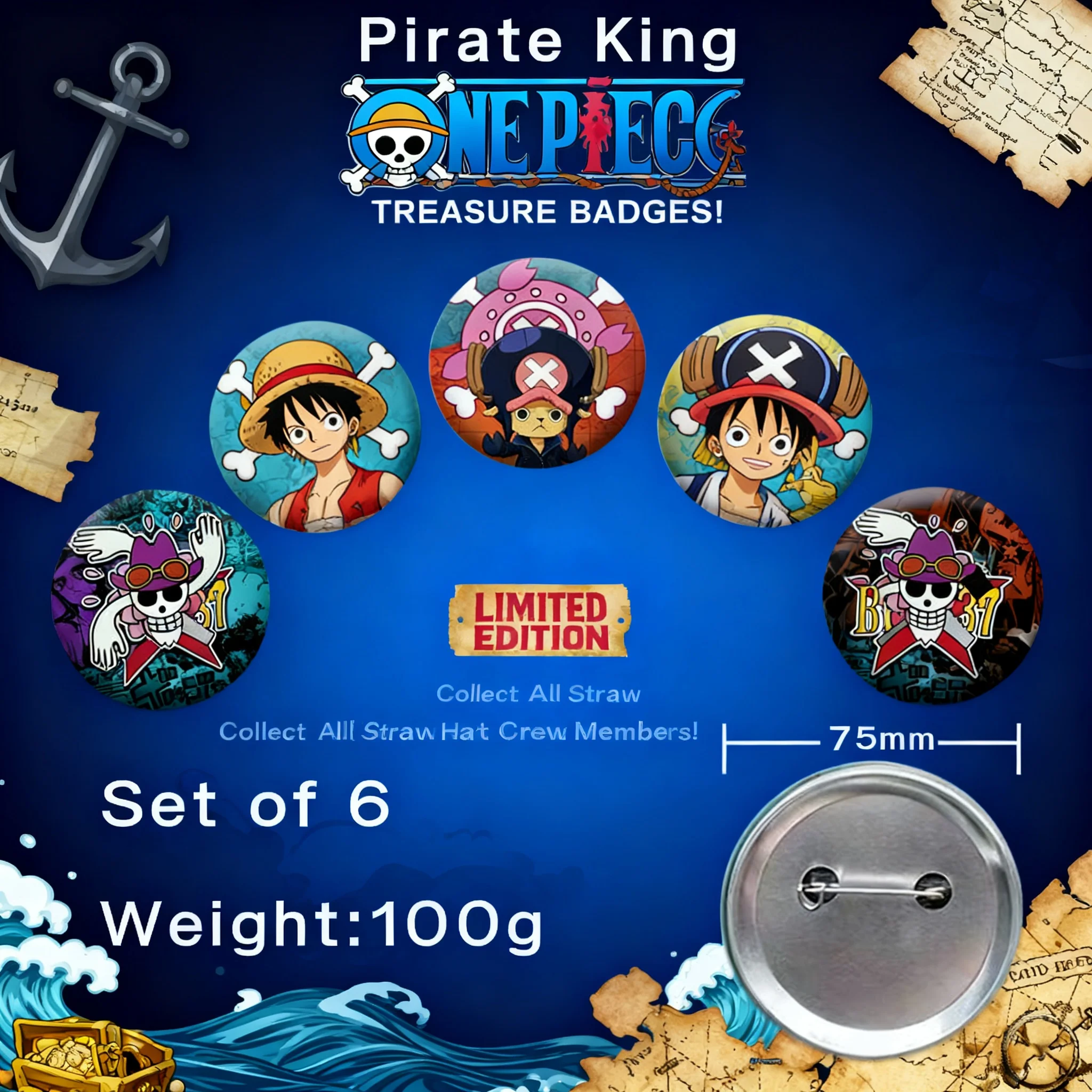 Nuevo Set de 6 Insignias de Anime de One Piece: Luffy, Zoro, Nami, Sanji, Chopper, Robin, Usopp, Franky, Brook, Jinbe, Trafalgar Law, Shanks, Ace, Sabo