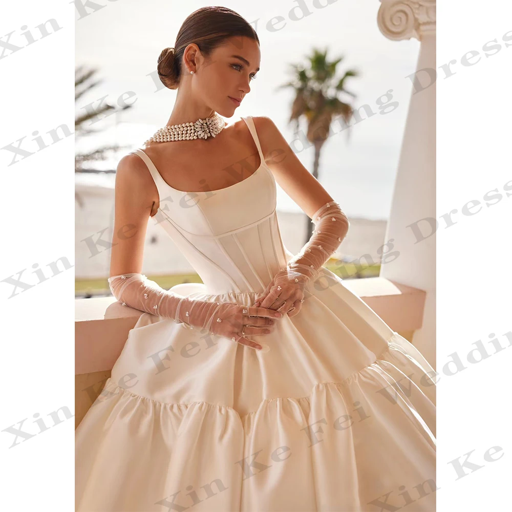 Elegant Women's Wedding Dresses A-Line Satin Sexy Sleeveless Italian Spaghetti Shoulder Strap Pleated Princess Bridal Gowns Robe