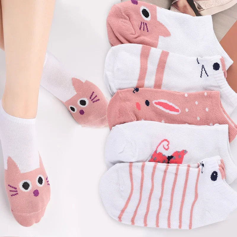 

5 Pairs Cute Cartoon Harajuku Cat Hosiery for Women Summer Sock Slippers Color Japanese Kawaii Boat Socks Polyester Sock Slipper