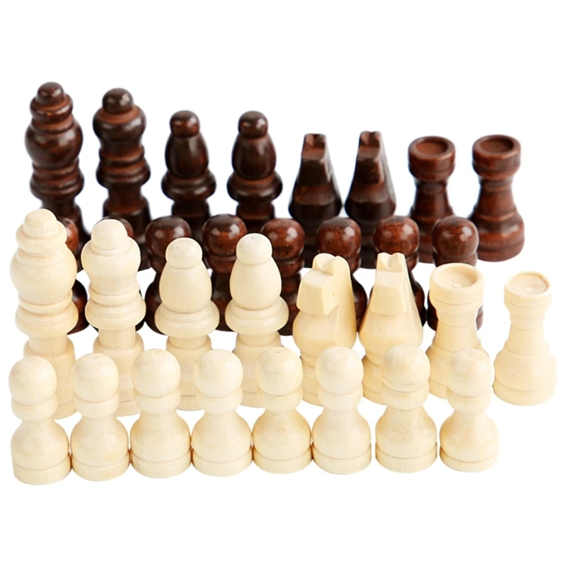 32 Pcs Wooden International Chess Pieces Hand Carved Chess Game Pawns Figurine Pieces Chess Board Accessories Durable