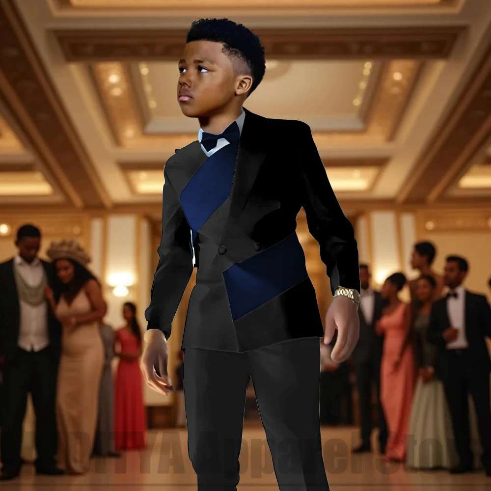 Fashion Contrast Color Children's Suit 2 Piece Double Breasted Outfit Formal Wedding Party Prom Boys Suits (Blazer+Pants)
