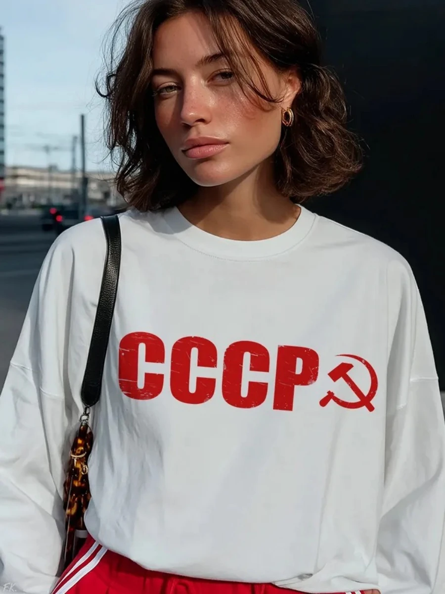 Women's Spring Autumn Retro style Soviet Printed Loose Long Sleeved T-shirt Trendy Streetwear Long Sleeve Top Basic Base Shirt