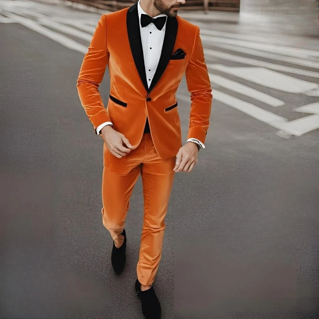 

New Orange And Black Male Business Men Suit Groom Groomsman Wedding Party Prom Formal Tuxedos 2 Piece Set Blazer Pants