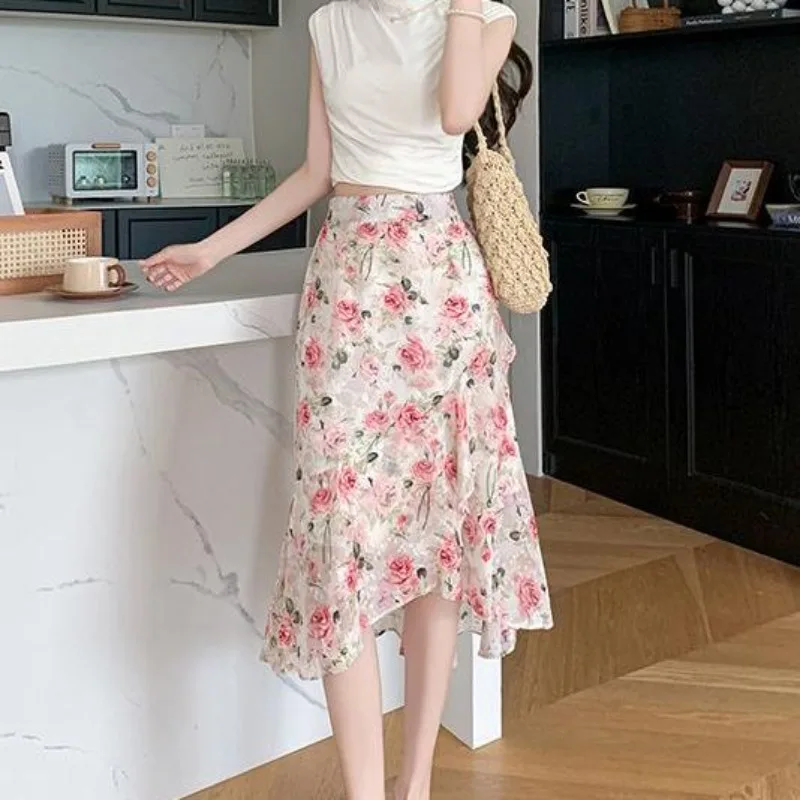 Female Skirts Chiffon Midi High Waist Ruffle Women's Skirt Chic and Elegant V Clothing Sales Streetwear Aesthetic Casual Premium
