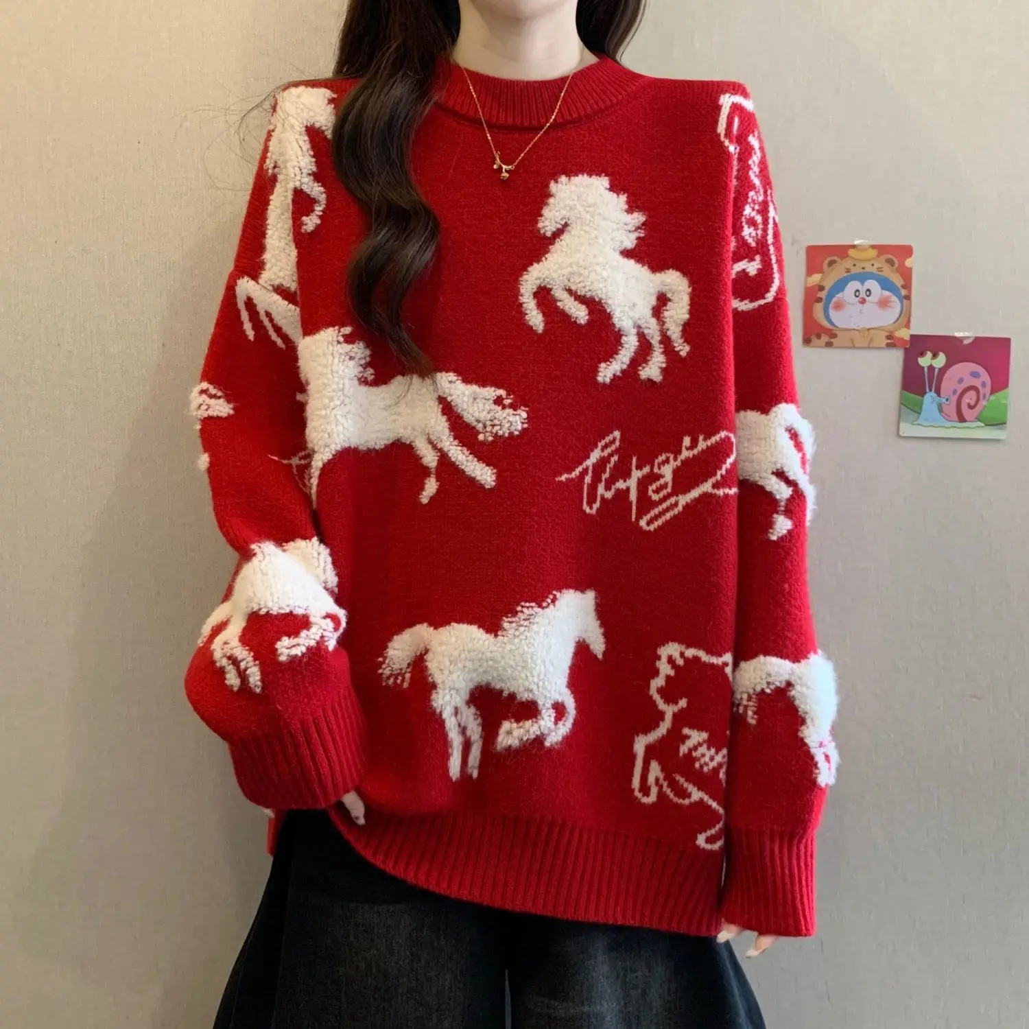 

Couple red sweater men's and women's new birth year autumn and winter Chinese New Year Horse thickened knitted sweater jacket