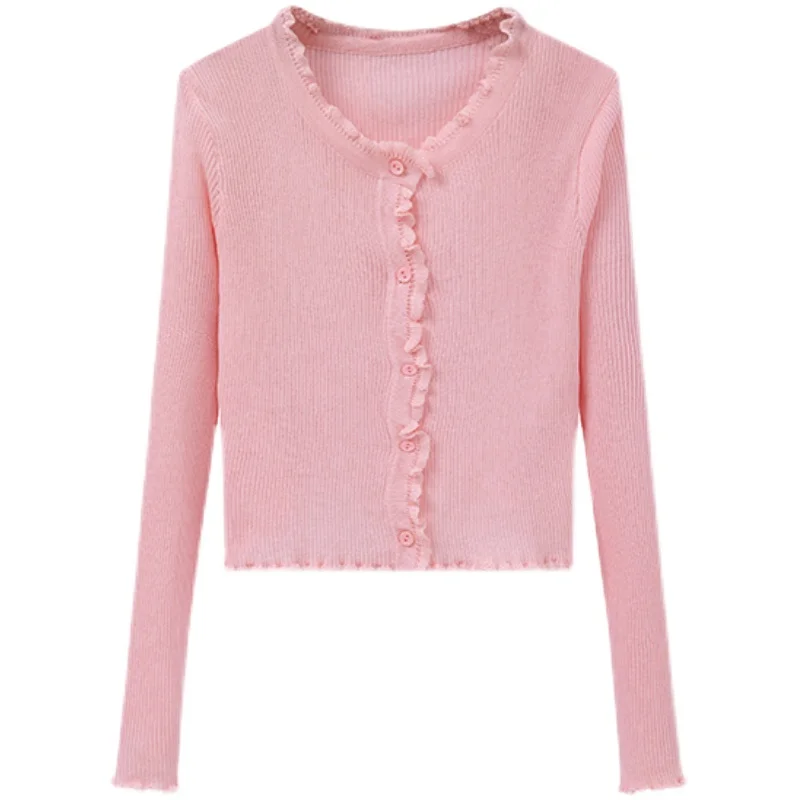 

RRJ/KNIT Slim Fit Summer Thin Sun Protection Knitted Ice Silk round Ne Lace Trim Top Pure Color Long Sve Button up Cardigan