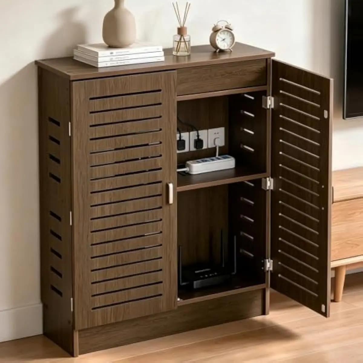 WiFi Router Storage Cabinet with Ventilated Dual-Layer Design Walnut Finish Floor Standing Unit for Routers Modems Set-Top Boxes