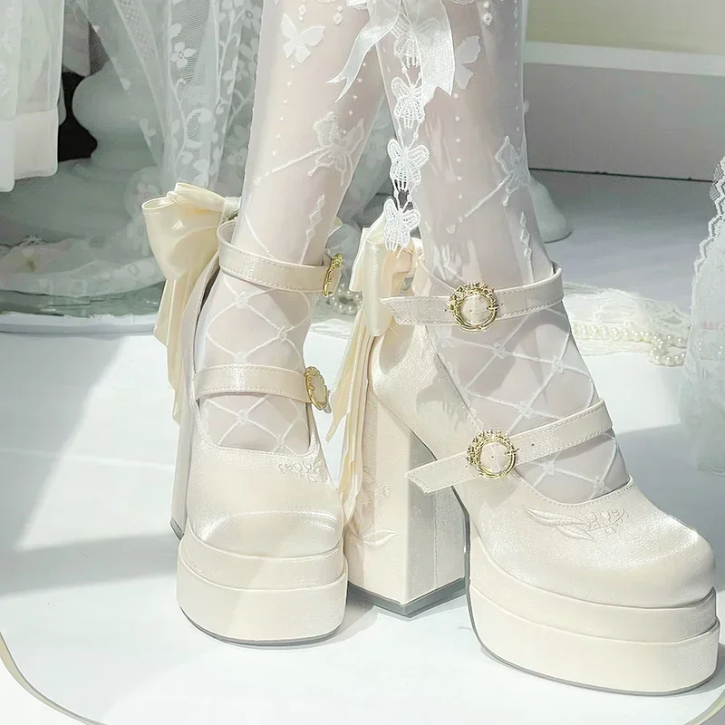 Original Waterproof Lolita Mary Jane Shoes Women's Girls Elegant Satin Bow Paltform High Heel Ladies Sweet Pumps Platform Heels