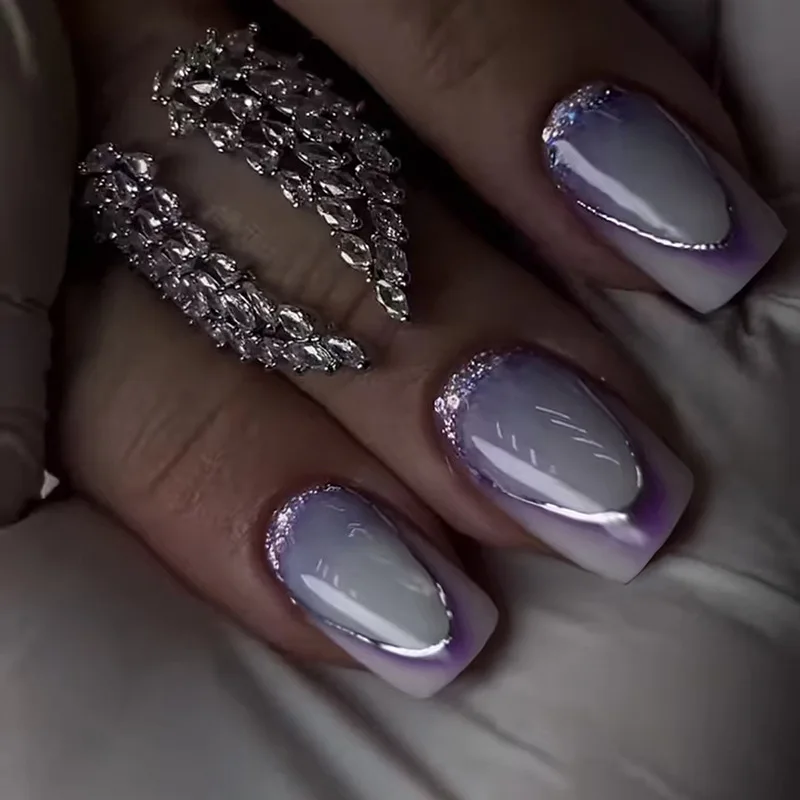 

24Pcs Medium Square Press on Nails - Lavender Smoky French Tip with Silver Line Glitter Design Coverage Nail Art Kit