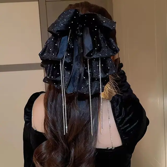 Japan Style Women Girls Velvet Bow Tassel Hair Clip Female Elegant Temperament Decorate Casual Shark Hair Claw Akcesoria do włosów