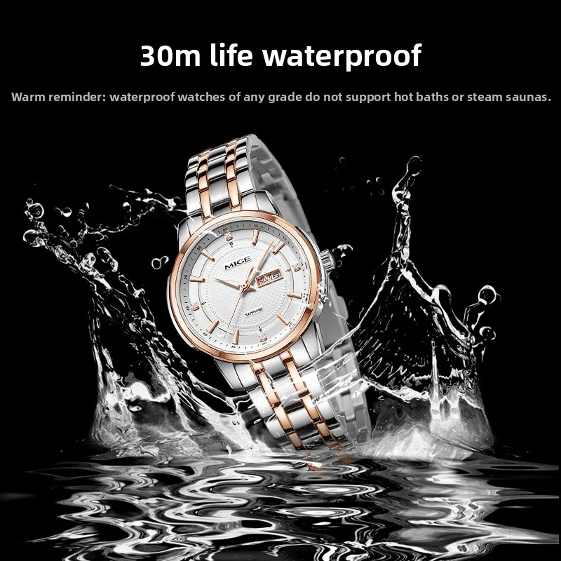 MIGE Original Miyota Quartz Woman Watch Waterproof Ladies Wristwatch Fashion Diamond Calendar Week Display Watch For Women