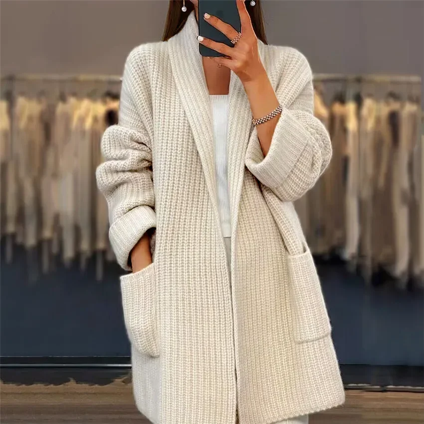 Women's Thick Solid Color V-neck Knitted Cardigan with Loose Pockets Sweater Jacket for Autumn/winter 2024