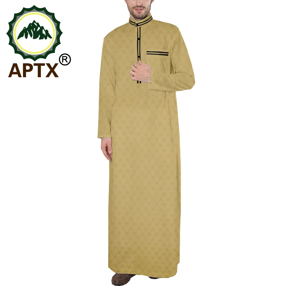 African Outfits for Mens Jubba Thobe Jacquard Muslim Robe Long Sleeve Saudi Arab Man Middle East Islamic Clothing APTX T2014004