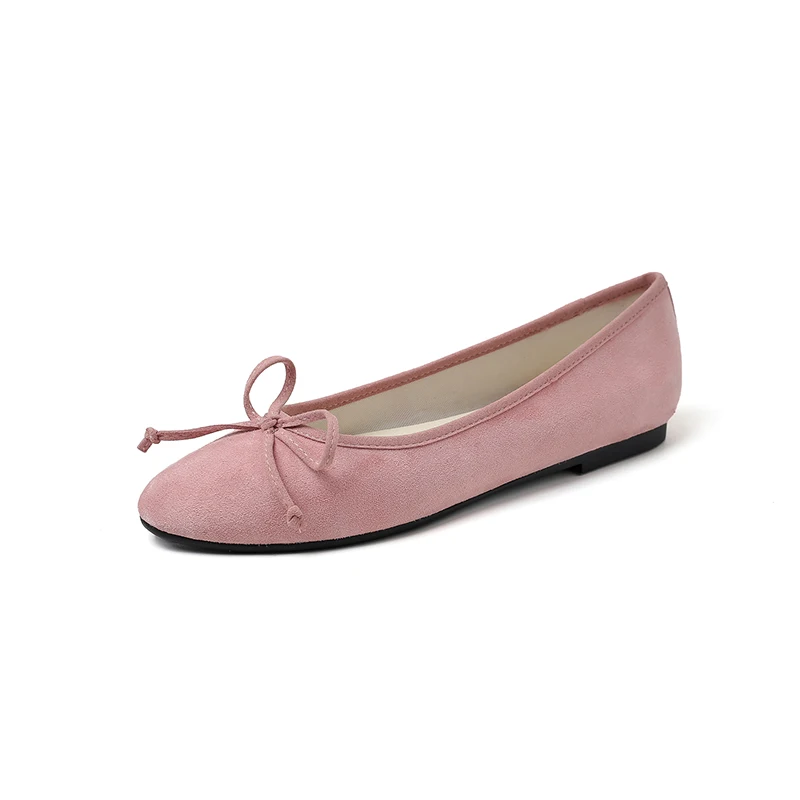 Woman Ballet Flats Spring Single Shoes Girls Candy Color Round Toe Flats Genuine Leather Suede Basic Style Bowtie Simple Shoes