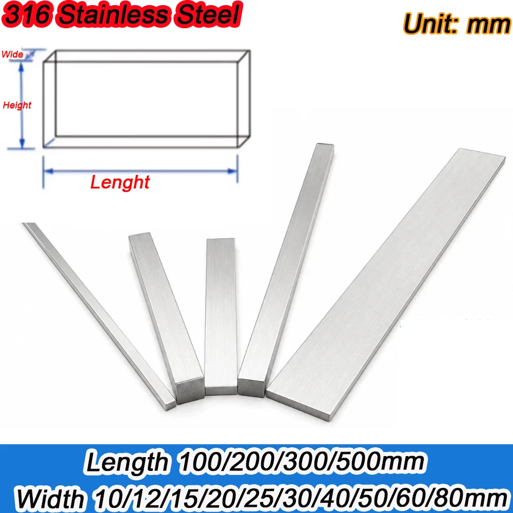 1pcs 316 Stainless Steel Flat Bar Length 100/200/300/500mm Thick 10/12/15mm Width 10/12/15/20/25/30/40/50/60/80mm