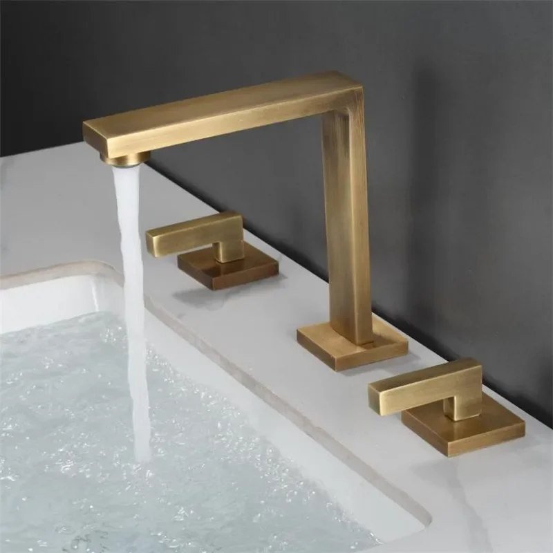 Brushed Gold Basin  Total Brass Black Bathroom  Antique Sink s 3 Hole Hot And Cold Waterfall  Water Tap
