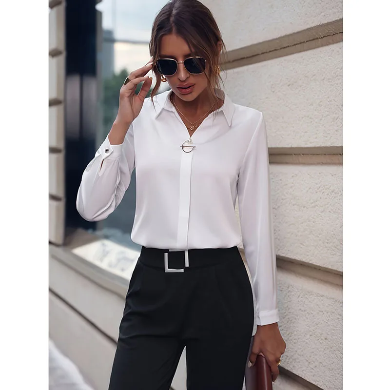 Autumn Elegant V-Neck Women's Blouses Fashion Pearl Decoration Loose Long Sleeved Shirts Casual White Office Lady Shirt Tops