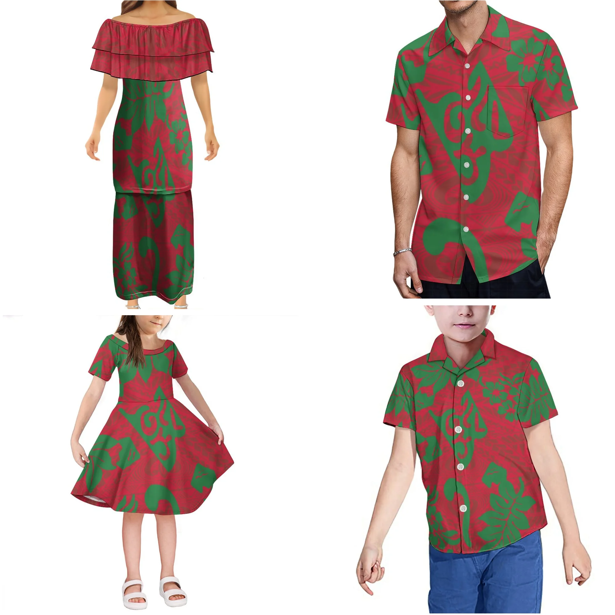 New Arrivals Plu Size Adult Children\'s Clothing 4-piece Set Polynesian Tribal custom Puletasi Dress boy Shirt Casual Family Sets