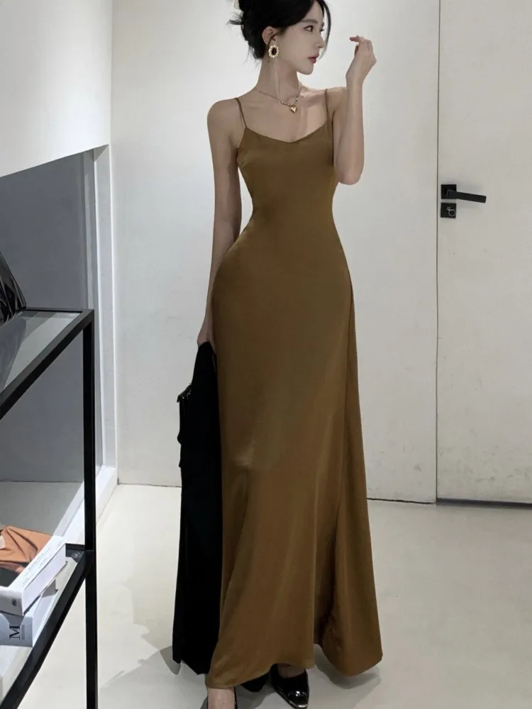 

French Vintage Evening Party Dress Spaghetti Strap Long Dresses for Women Summer New Backless Slim Prom Robe Maxi Vestidos Mujer