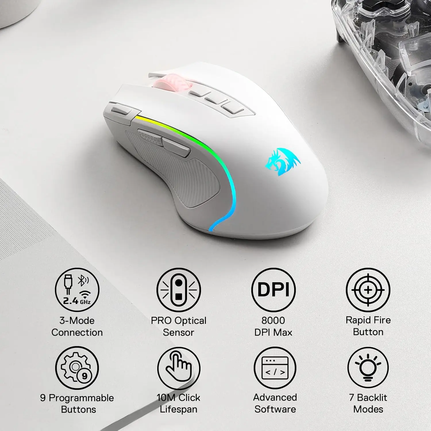 Imagem -04 - Pro Gaming Mouse Rgb 8000 Dpi com Fio sem Fio Botões Programáveis Modos Retroiluminados Branco Redragon-m612